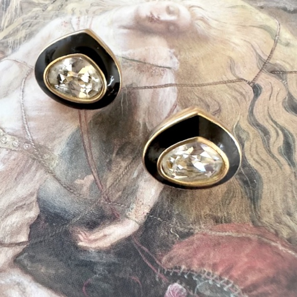 Christian Dior vintage gold plated stud earrings Black enamel rhinestones